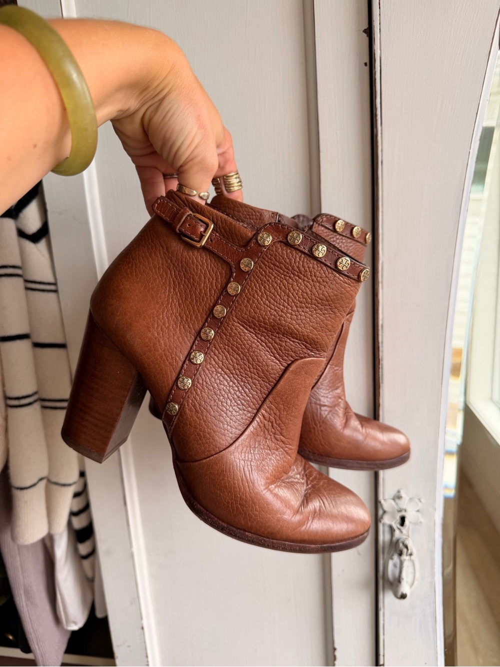 Tory Burch Brown Leather Studded Ankle Boots